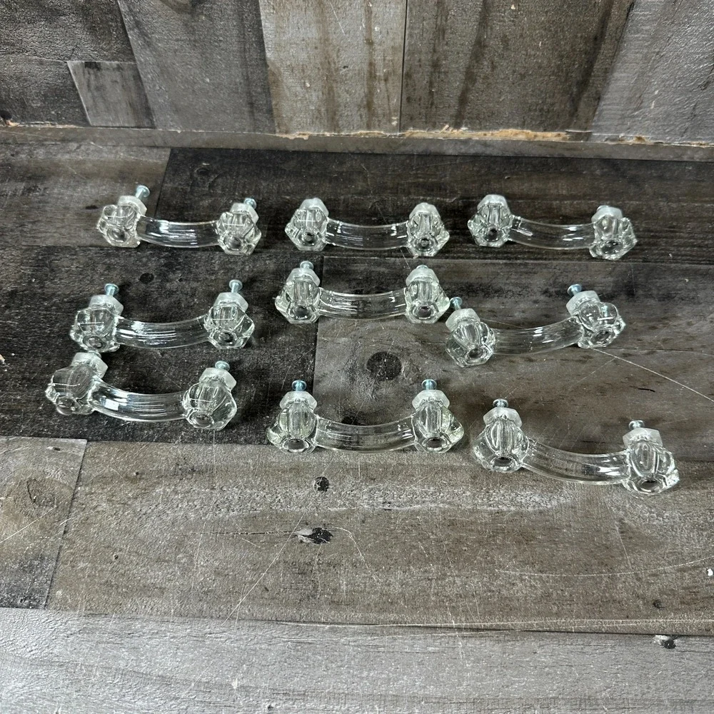 9 Clear Glass Vintage/Retro Drawer Pulls w/ Screws, 3 in Center-to-Center